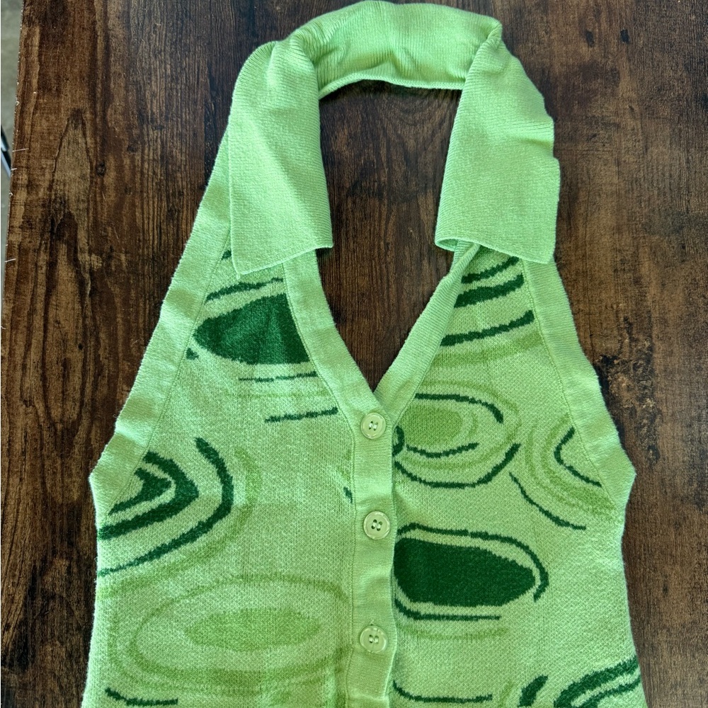 Lime Green Knit Halter Retro Button-Up Vest